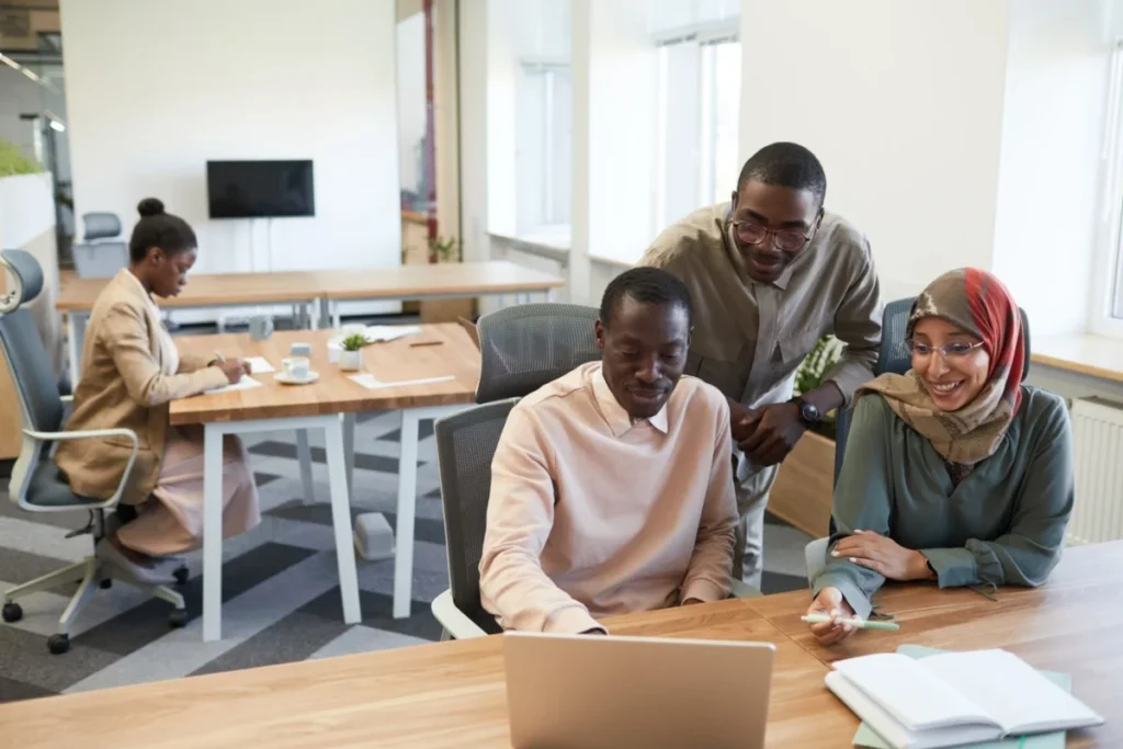 Coworkers working together in a modern office