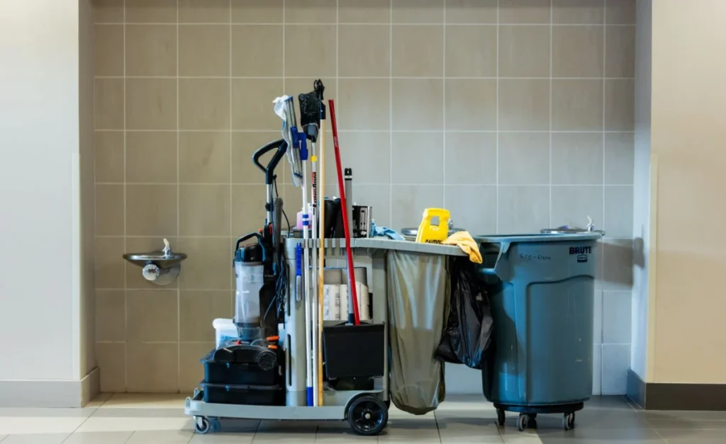 Cleaning cart and supplies used by janitorial staffing teams