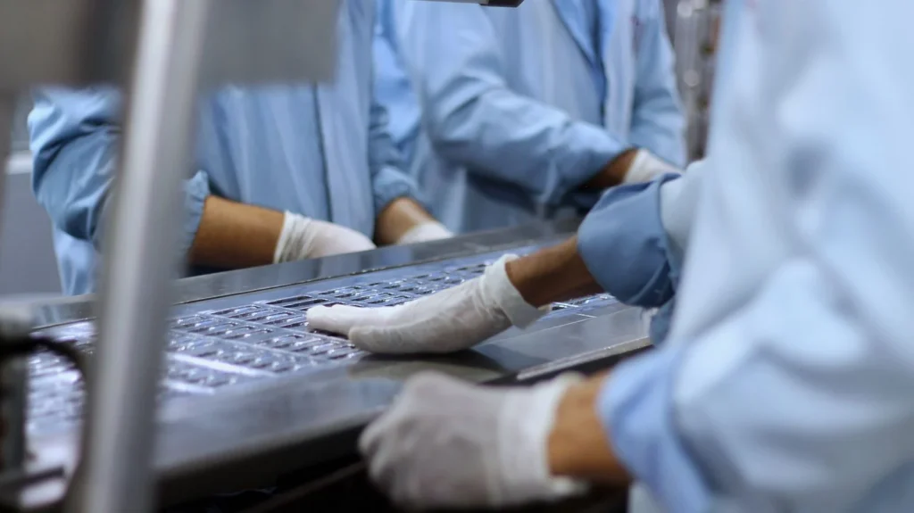 Workers packaging products on a production line